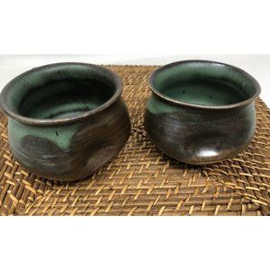 Pair Art Pottery Cups Artist Stamped Metallic Green Matte Glaze